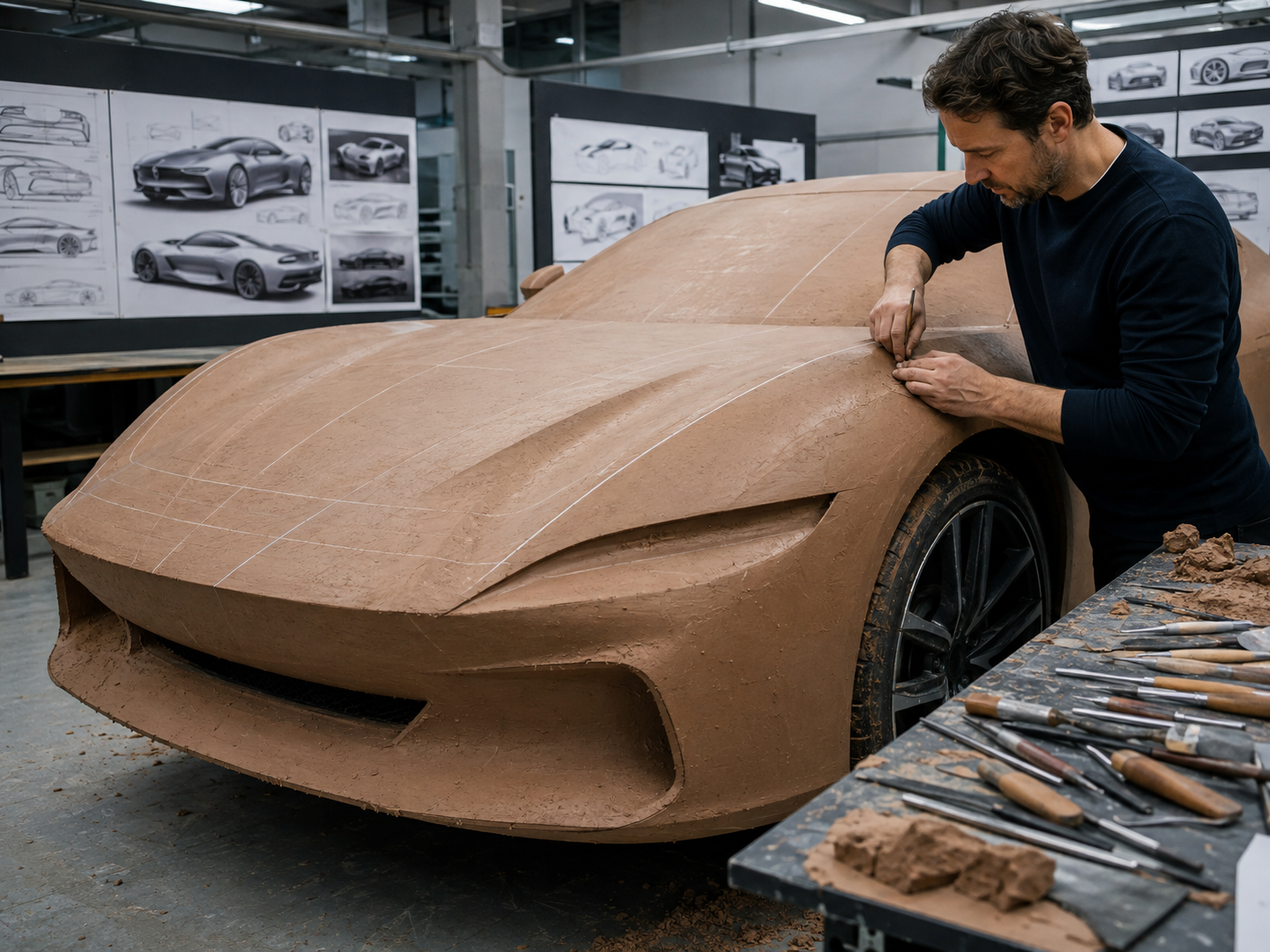 A clay automotive model shaped before production.