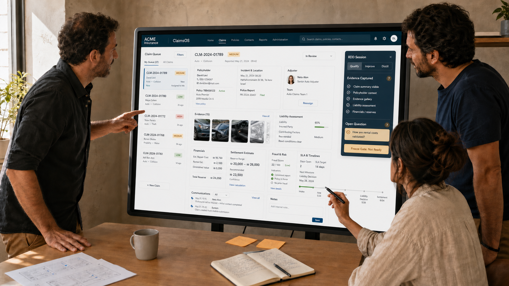 A claims management product preview used as candidate reality before commitment.